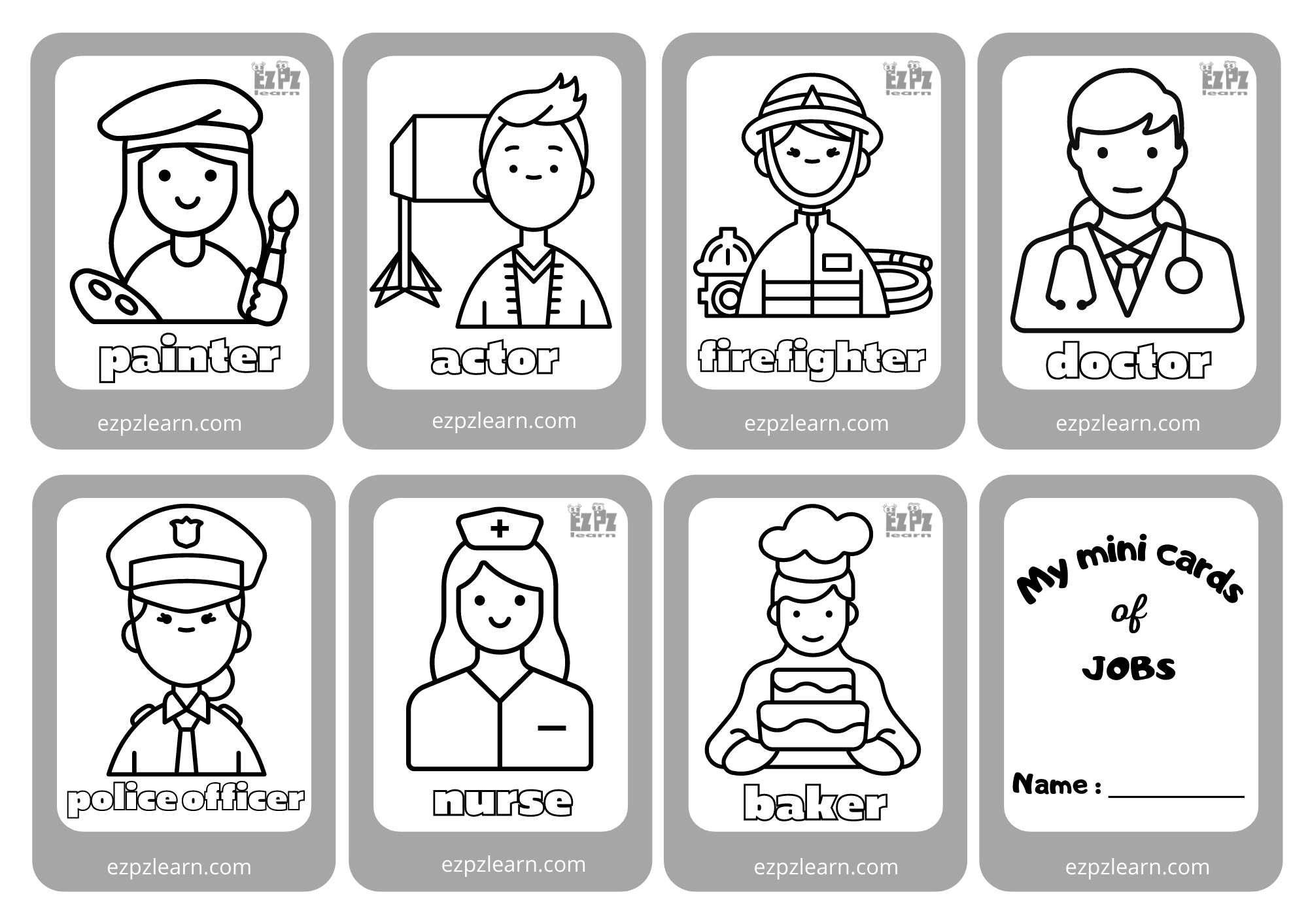 Jobs Mini Coloring Cards Free PDF Download - Ezpzlearn.com